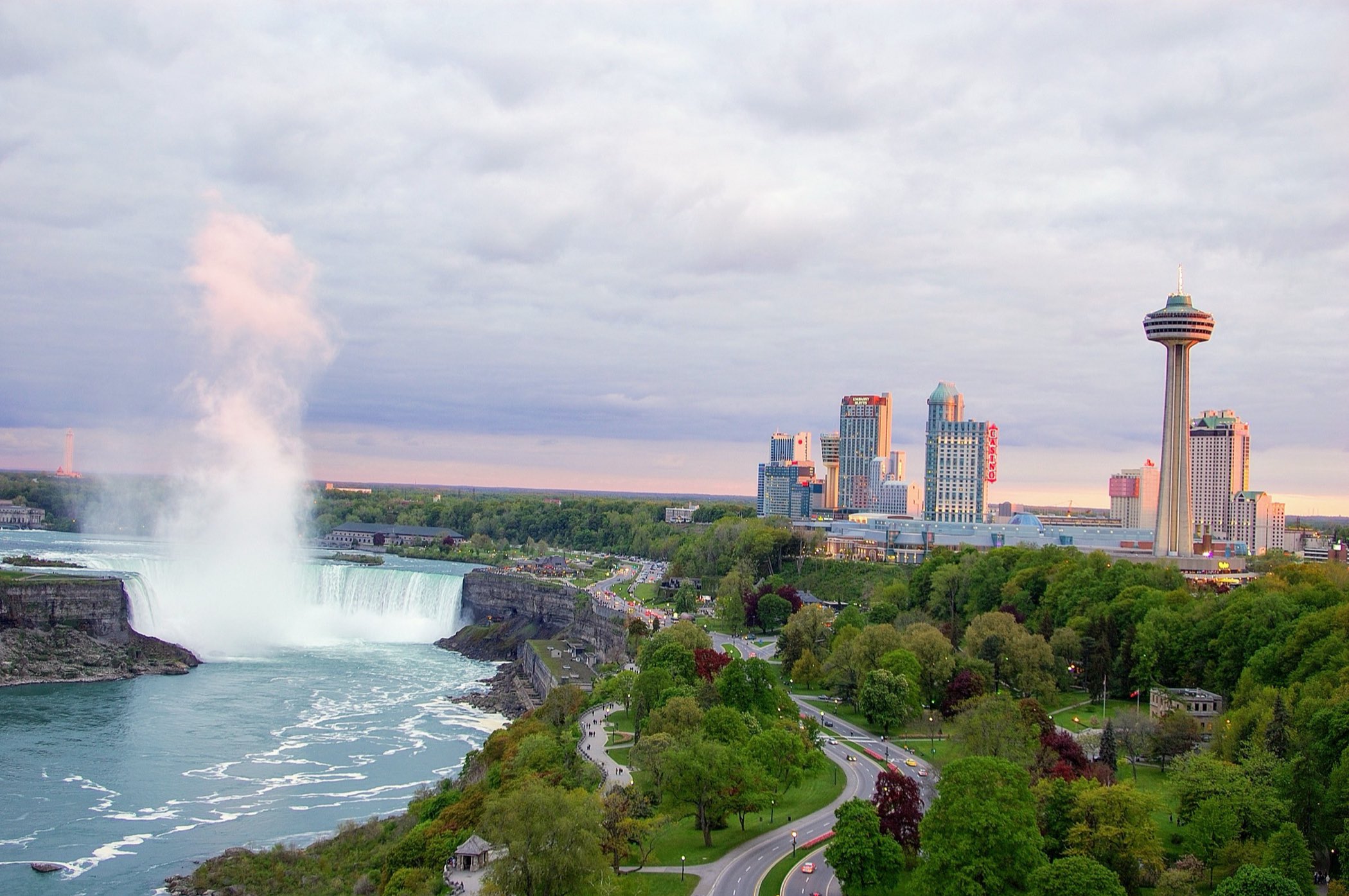 Aerial view of the Niagara River and both falls